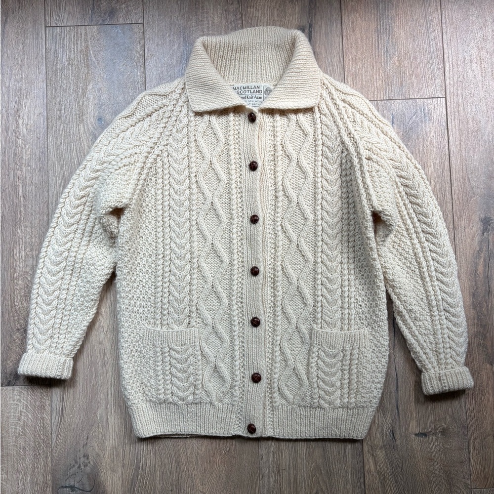 Macmillan of Scotland Cable Knit Wool Cardigan Sweater Large UK 42 Aran Unisex - Picture 2 of 16